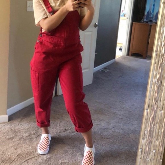 red jean overalls